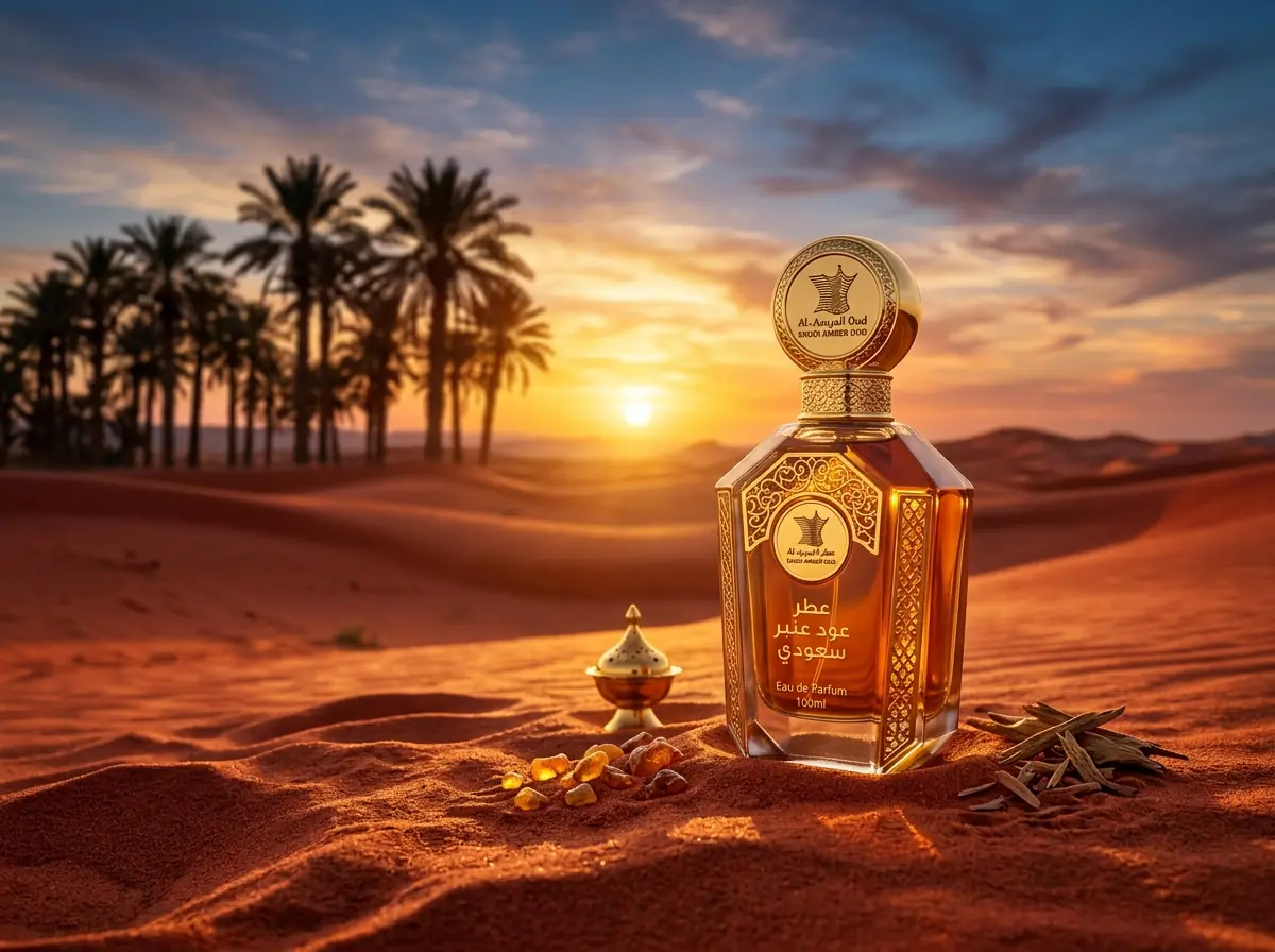 A perfume bottle in a Desert at sunset scene (illustration)