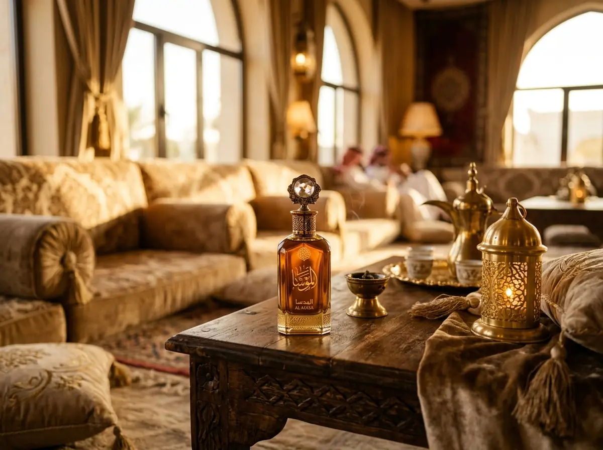 A perfume bottle in a Saudi majlis scene (illustration)
