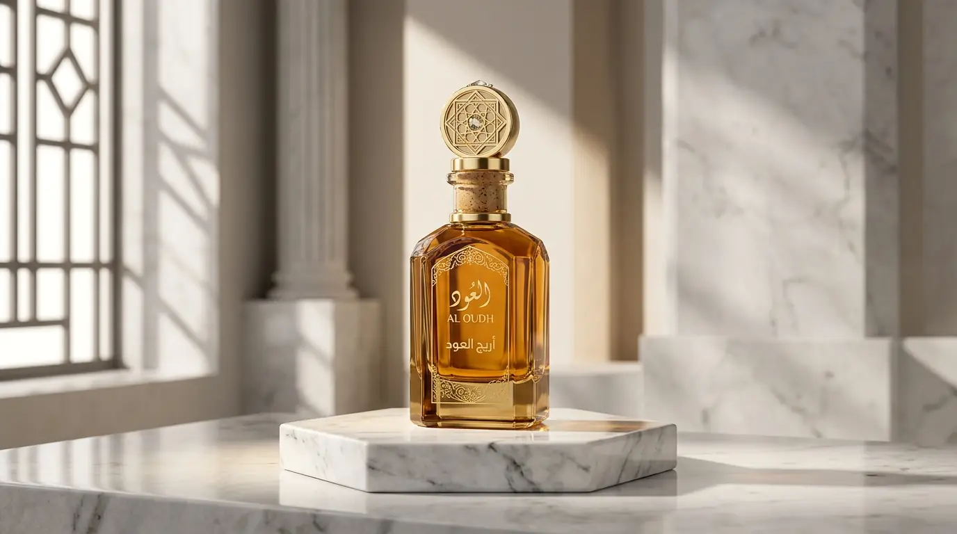 A perfume bottle in a Luxury marble scene (illustration)