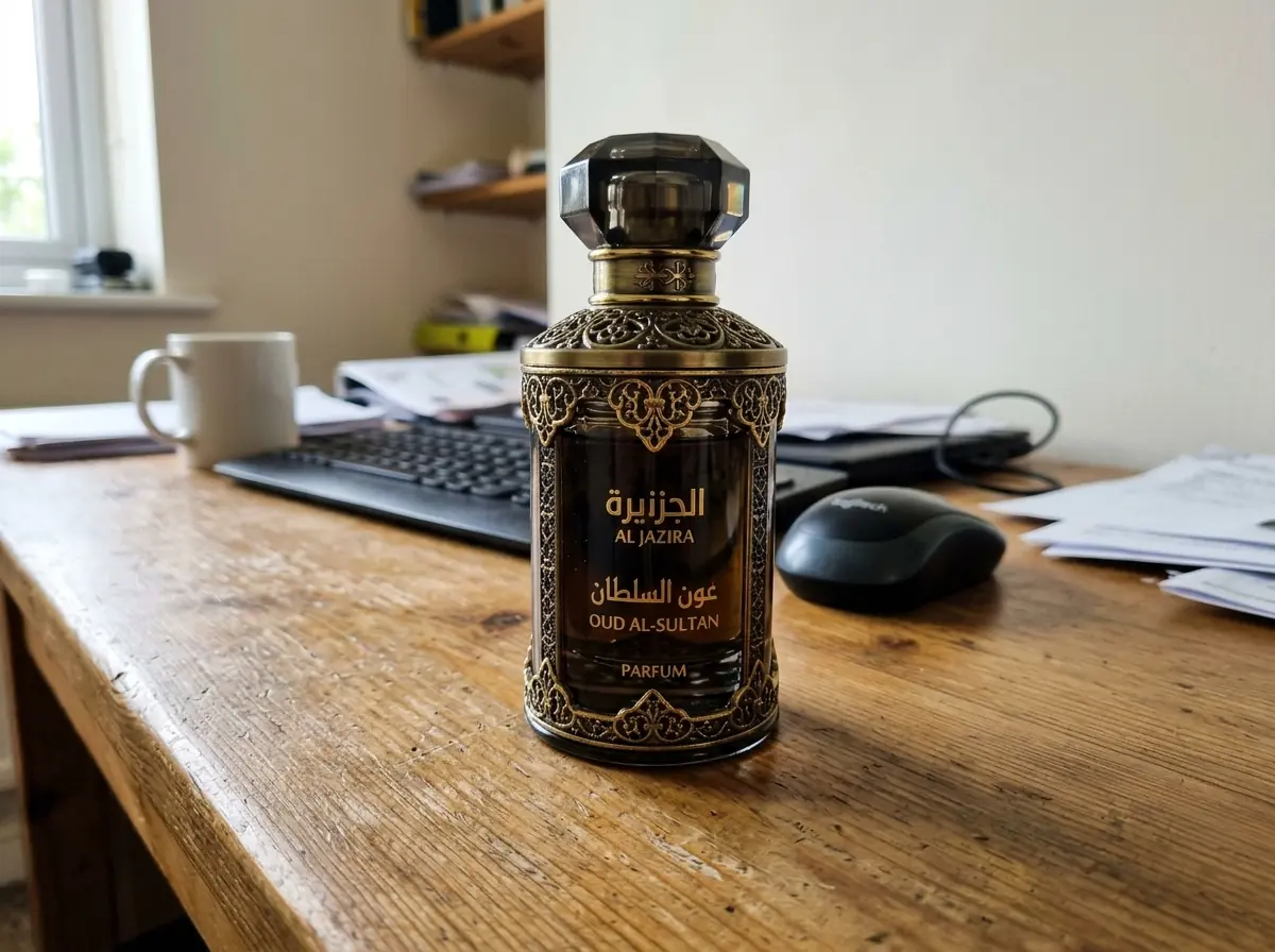 A perfume bottle photographed with a phone on a desk